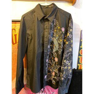 Mens Long Sleeve Button up Shirt Black Floral koi Design Large Club